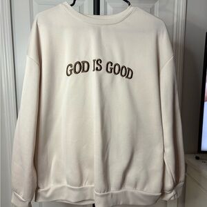 SHEIN Cream Crewneck Sweater with Embroidered God is Good size XL